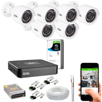 Kit CFTV Giga Security 6 Câmeras HD 720p Infravermelho 30m DVR 8 Canais LITE 1080n HD 1TB de Armazenamento + Acessórios