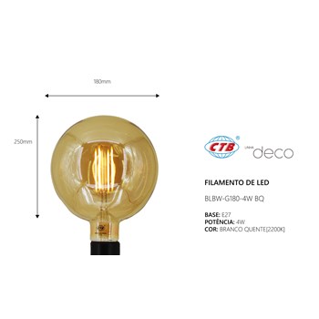 Lâmpada Filamento LED 4w G180 Branco Quente 2200k Bivolt E27